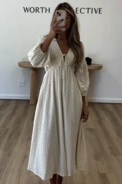 Hot Worth Collective Hunter 100% Cotton Gauze Midi Dress in Natural/Brown Floral Bump Frien