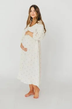 Outlet Worth Collective Hunter 100% Cotton Gauze Midi Dress in Soy/Sage Foliage - Bump Friendl