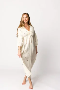Online Worth Collective Hunter 100% Cotton Gauze Midi Dress in Soy/Pink Floral - Bump Friendly