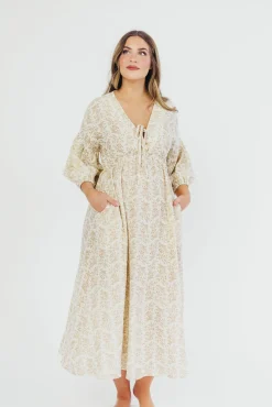 Sale Worth Collective Hunter 100% Cotton Gauze Midi Dress in Natural/Tan Floral - Bump Frien