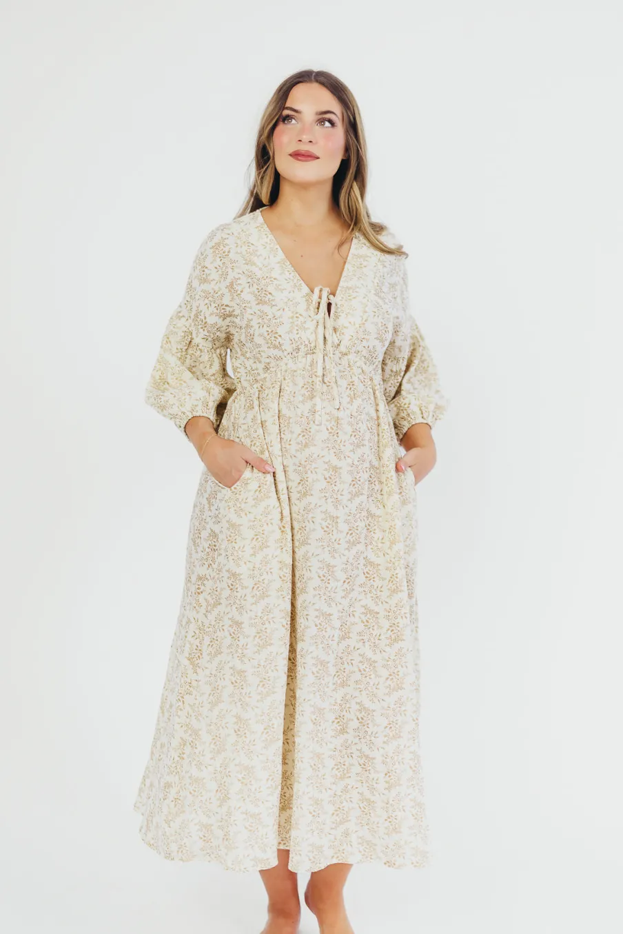 Sale Worth Collective Hunter 100% Cotton Gauze Midi Dress in Natural/Tan Floral - Bump Frien