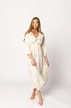 Online Worth Collective Hunter 100% Cotton Gauze Midi Dress in Soy/Pink Floral - Bump Friendly