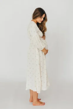 Outlet Worth Collective Hunter 100% Cotton Gauze Midi Dress in Soy/Sage Foliage - Bump Friendl