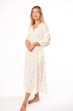 Online Worth Collective Hunter 100% Cotton Gauze Midi Dress in Soy/Pink Floral - Bump Friendly