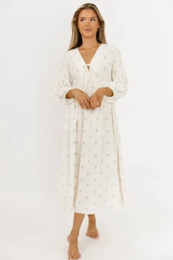 Outlet Worth Collective Hunter 100% Cotton Gauze Midi Dress in Soy/Sage Foliage - Bump Friendl