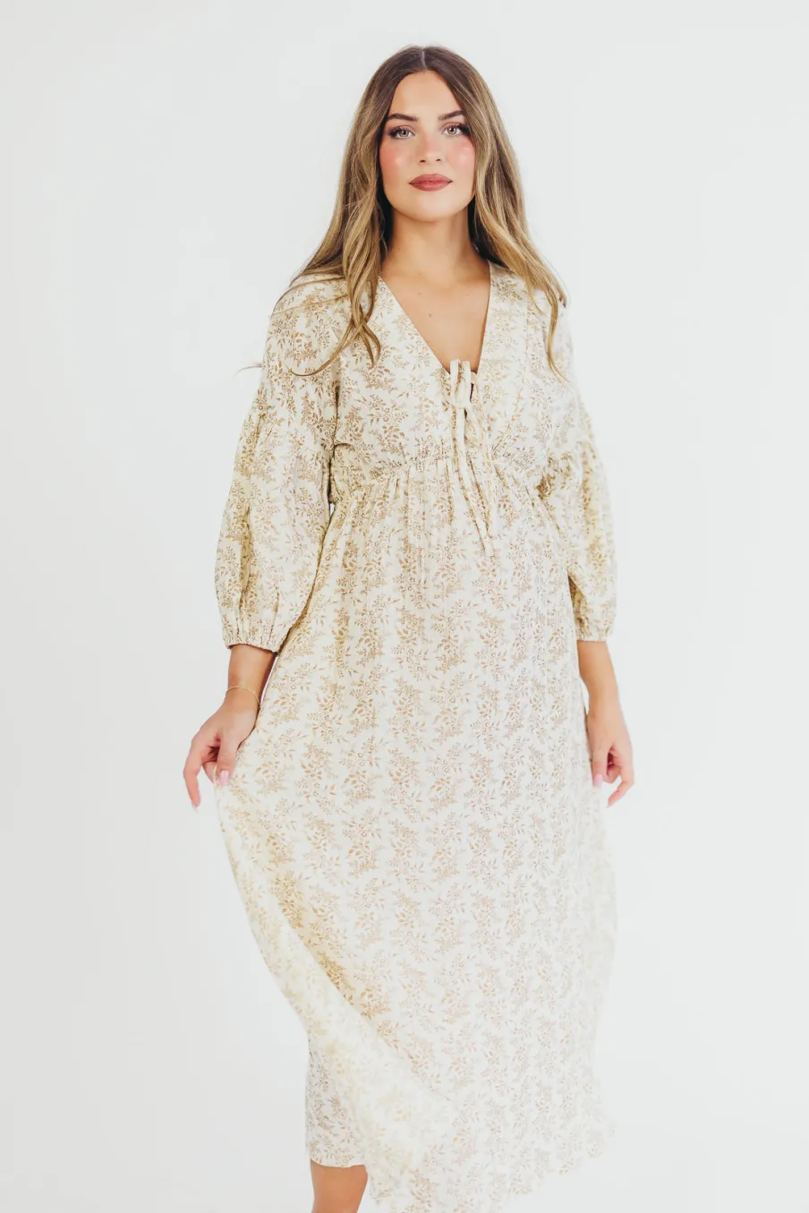 Sale Worth Collective Hunter 100% Cotton Gauze Midi Dress in Natural/Tan Floral - Bump Frien