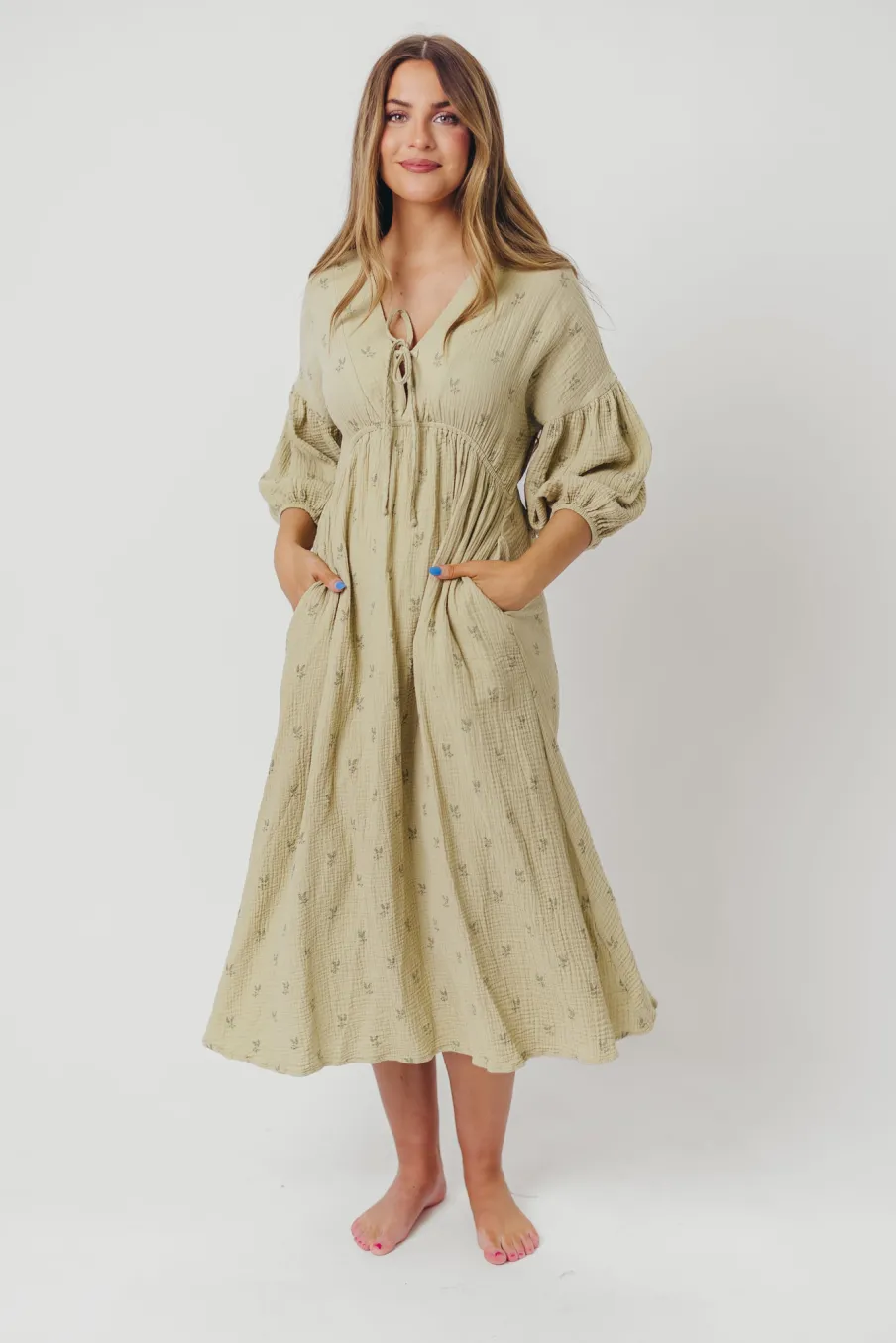 Fashion Worth Collective Hunter 100% Cotton Gauze Midi Dress in Thyme/Sage Foliage - Bump Frien