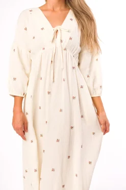 Online Worth Collective Hunter 100% Cotton Gauze Midi Dress in Soy/Pink Floral - Bump Friendly
