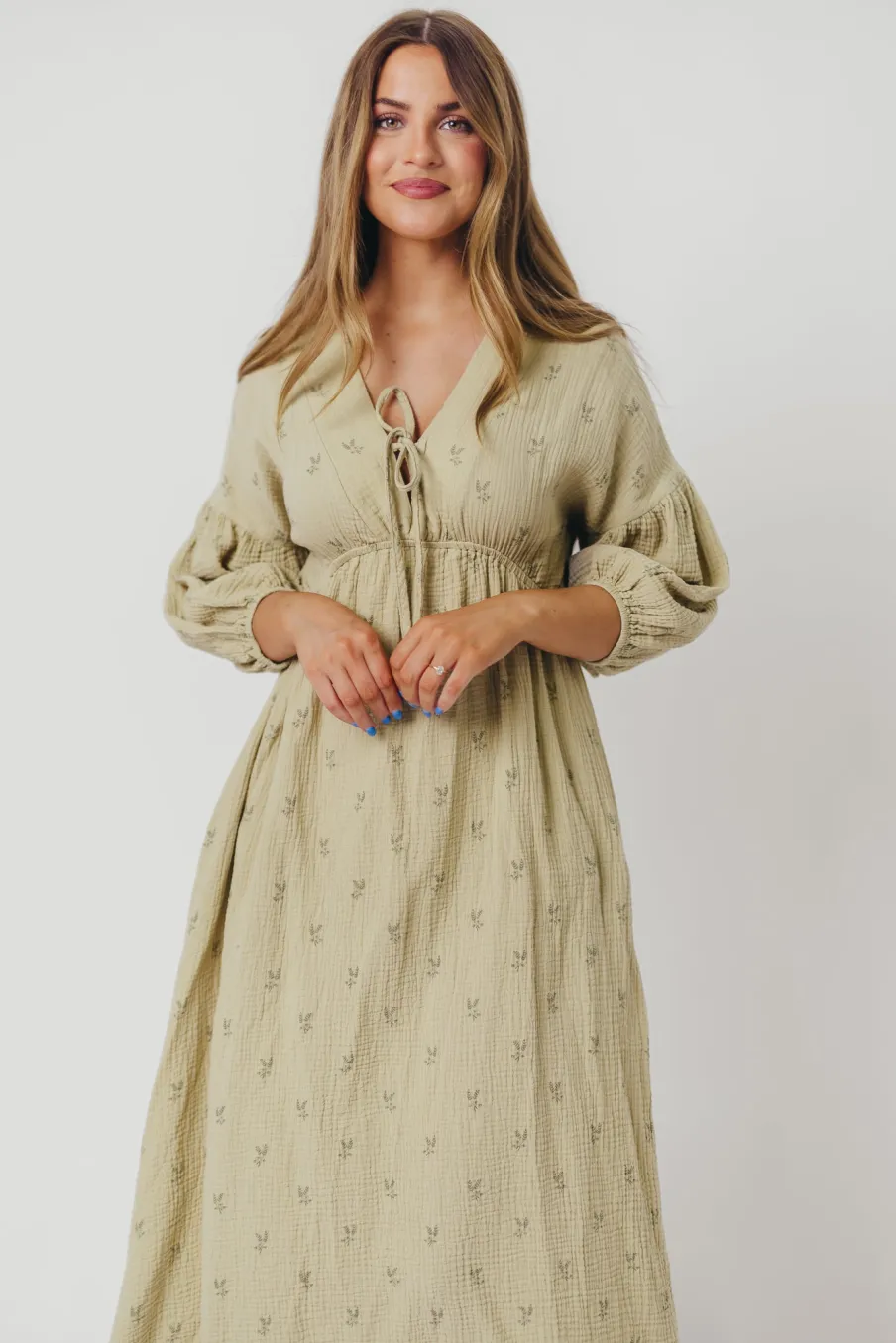 Fashion Worth Collective Hunter 100% Cotton Gauze Midi Dress in Thyme/Sage Foliage - Bump Frien