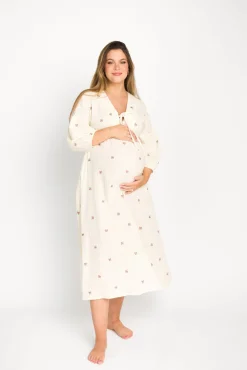 Online Worth Collective Hunter 100% Cotton Gauze Midi Dress in Soy/Pink Floral - Bump Friendly