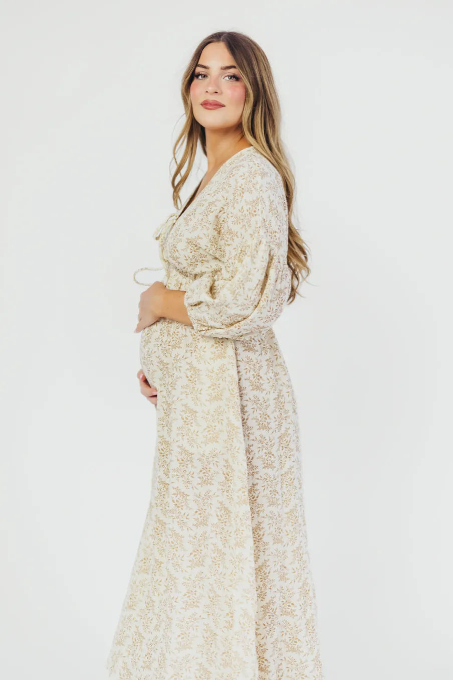 Sale Worth Collective Hunter 100% Cotton Gauze Midi Dress in Natural/Tan Floral - Bump Frien