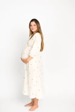 Online Worth Collective Hunter 100% Cotton Gauze Midi Dress in Soy/Pink Floral - Bump Friendly