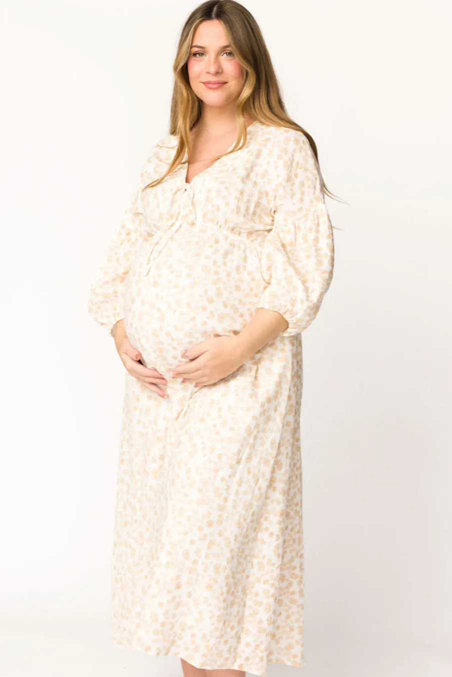 Sale Worth Collective Hunter 100% Cotton Gauze Midi Dress in Natural/Fawn Floral - Bump Frie