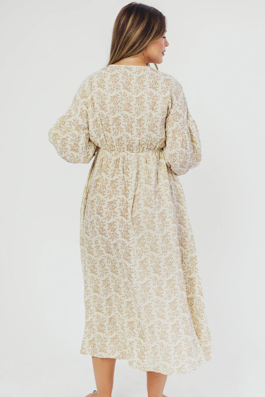 Sale Worth Collective Hunter 100% Cotton Gauze Midi Dress in Natural/Tan Floral - Bump Frien
