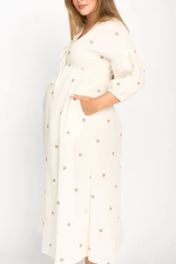 Online Worth Collective Hunter 100% Cotton Gauze Midi Dress in Soy/Pink Floral - Bump Friendly