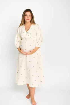 Online Worth Collective Hunter 100% Cotton Gauze Midi Dress in Soy/Pink Floral - Bump Friendly