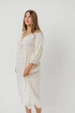 Outlet Worth Collective Hunter 100% Cotton Gauze Midi Dress in Soy/Sage Foliage - Bump Friendl