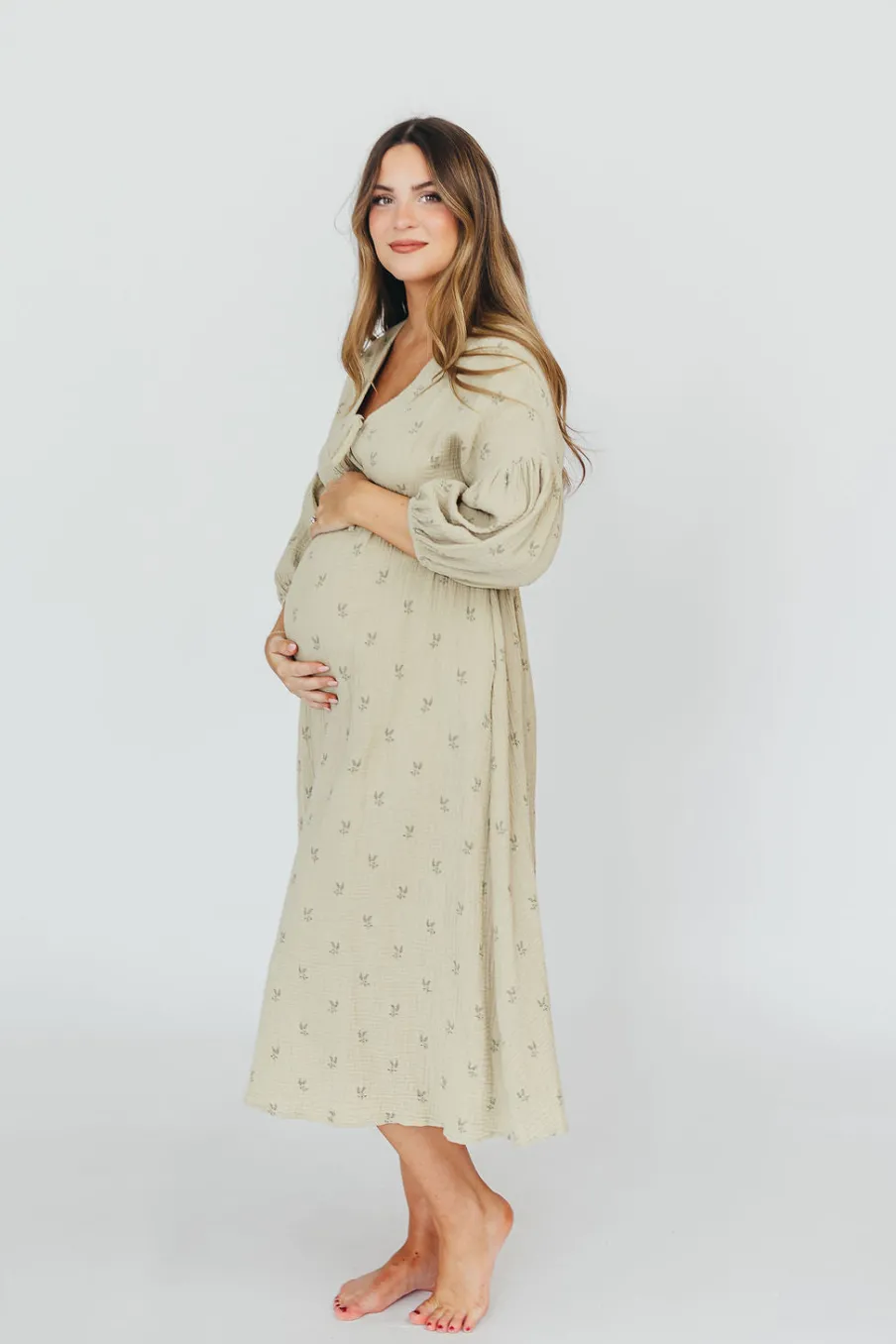 Fashion Worth Collective Hunter 100% Cotton Gauze Midi Dress in Thyme/Sage Foliage - Bump Frien