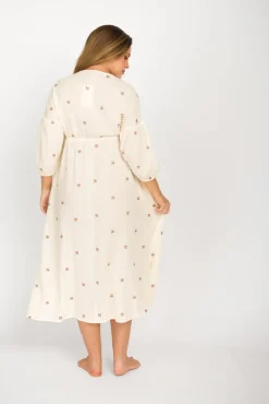 Online Worth Collective Hunter 100% Cotton Gauze Midi Dress in Soy/Pink Floral - Bump Friendly