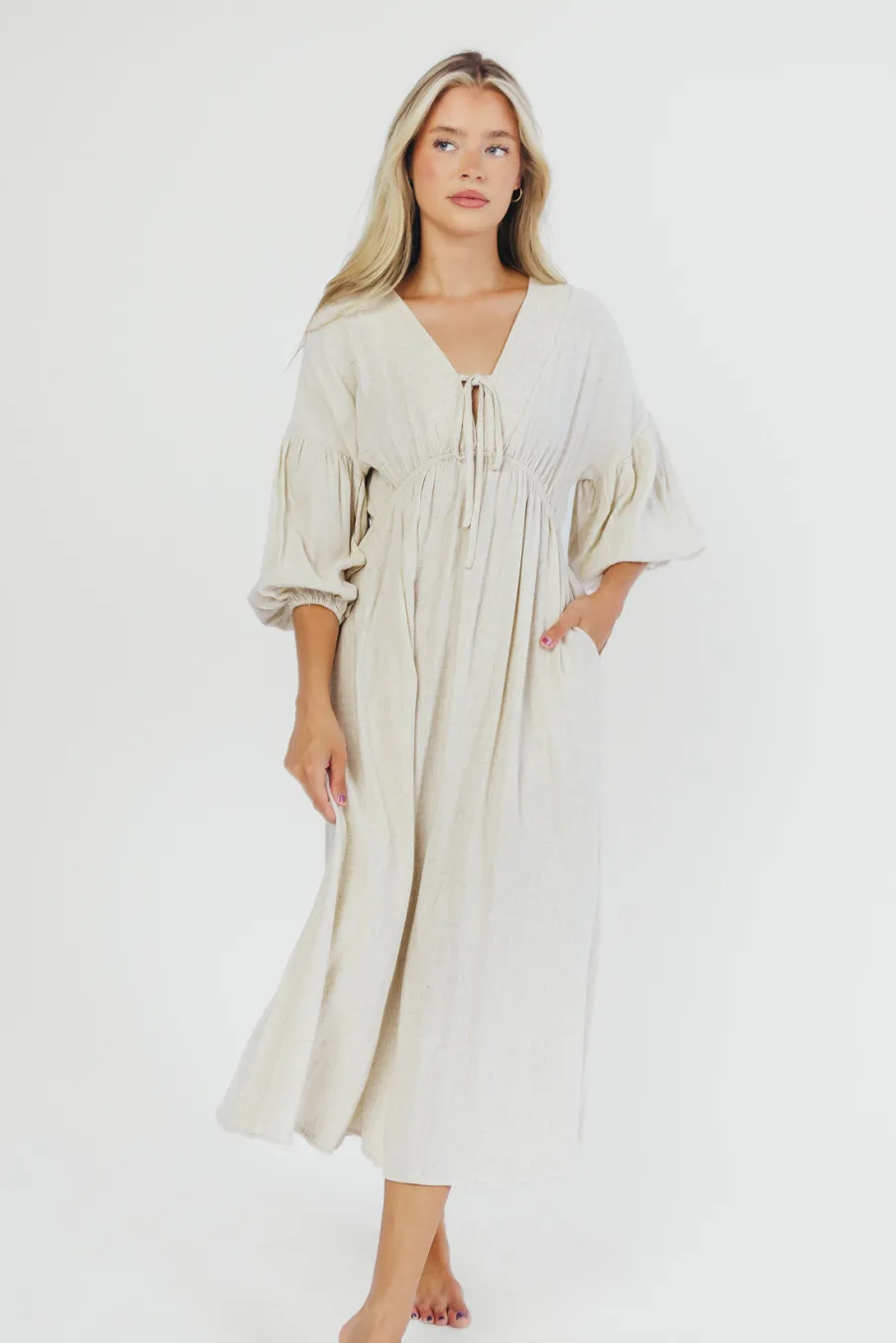 Best Worth Collective Hunter Linen-Blend Midi Dress in Greige - Bump Friendly and Inclusive