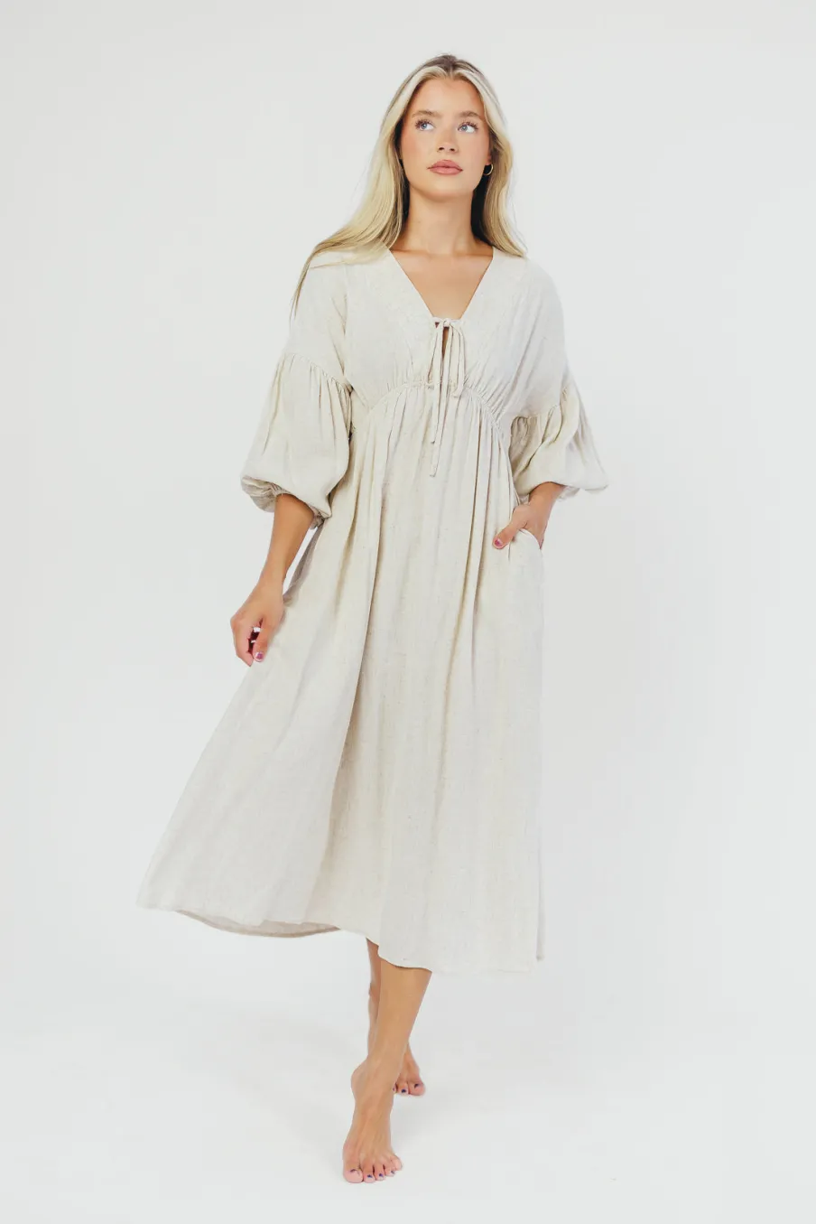 Best Worth Collective Hunter Linen-Blend Midi Dress in Greige - Bump Friendly and Inclusive