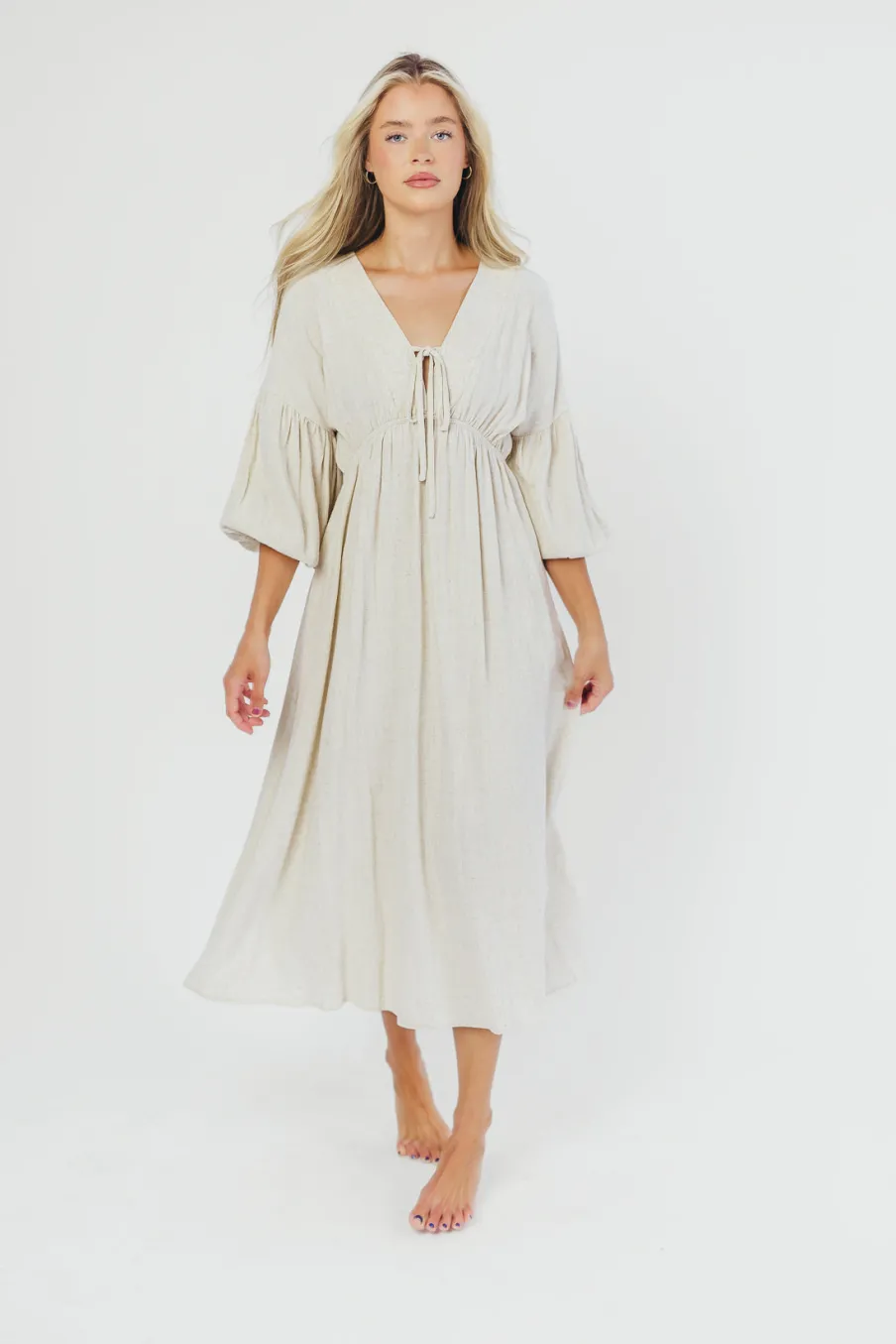 Best Worth Collective Hunter Linen-Blend Midi Dress in Greige - Bump Friendly and Inclusive