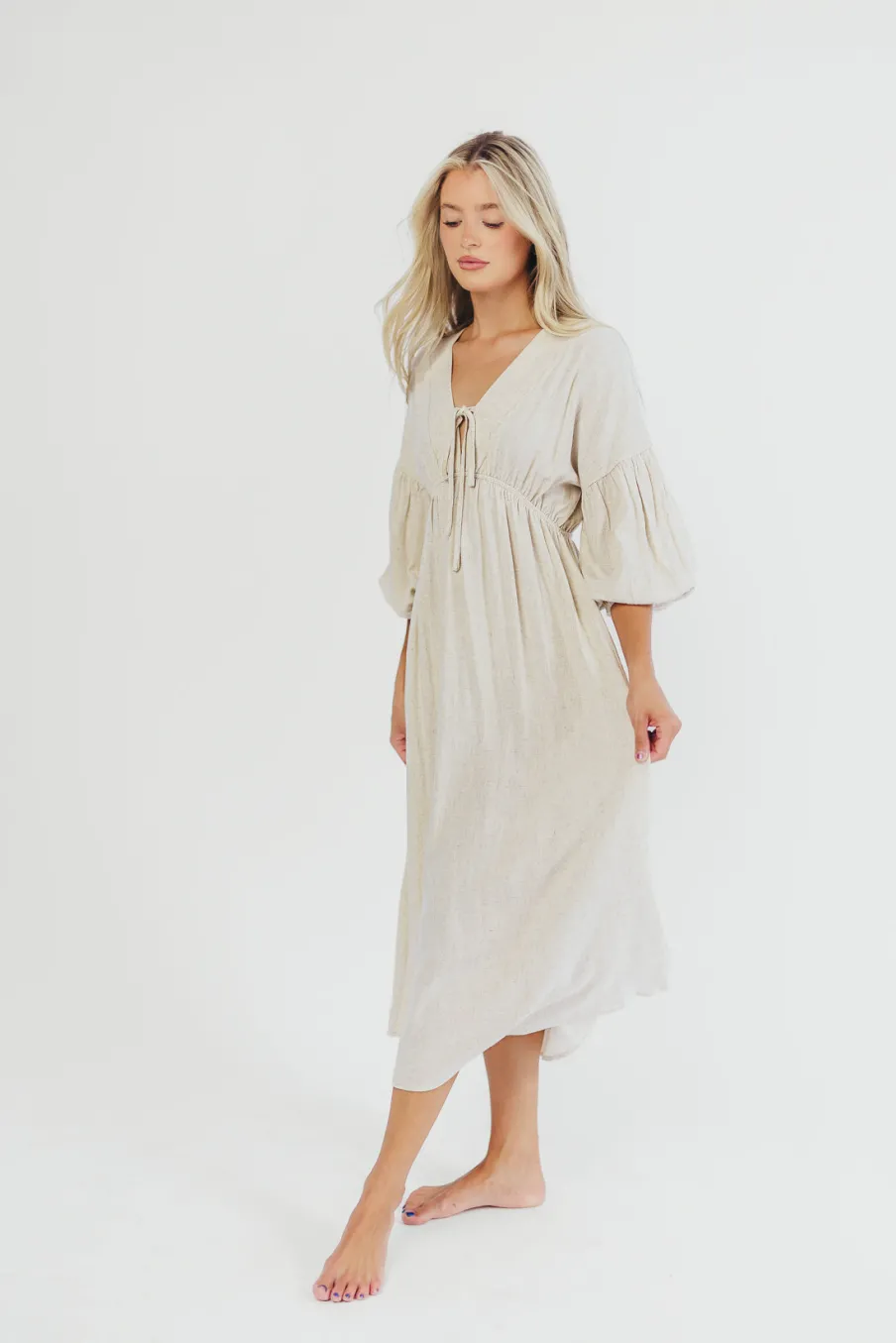 Best Worth Collective Hunter Linen-Blend Midi Dress in Greige - Bump Friendly and Inclusive