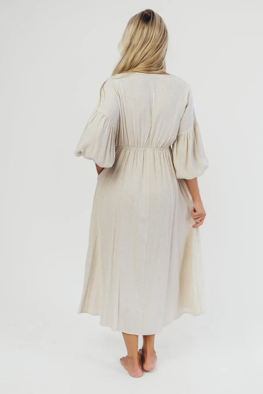 Best Worth Collective Hunter Linen-Blend Midi Dress in Greige - Bump Friendly and Inclusive