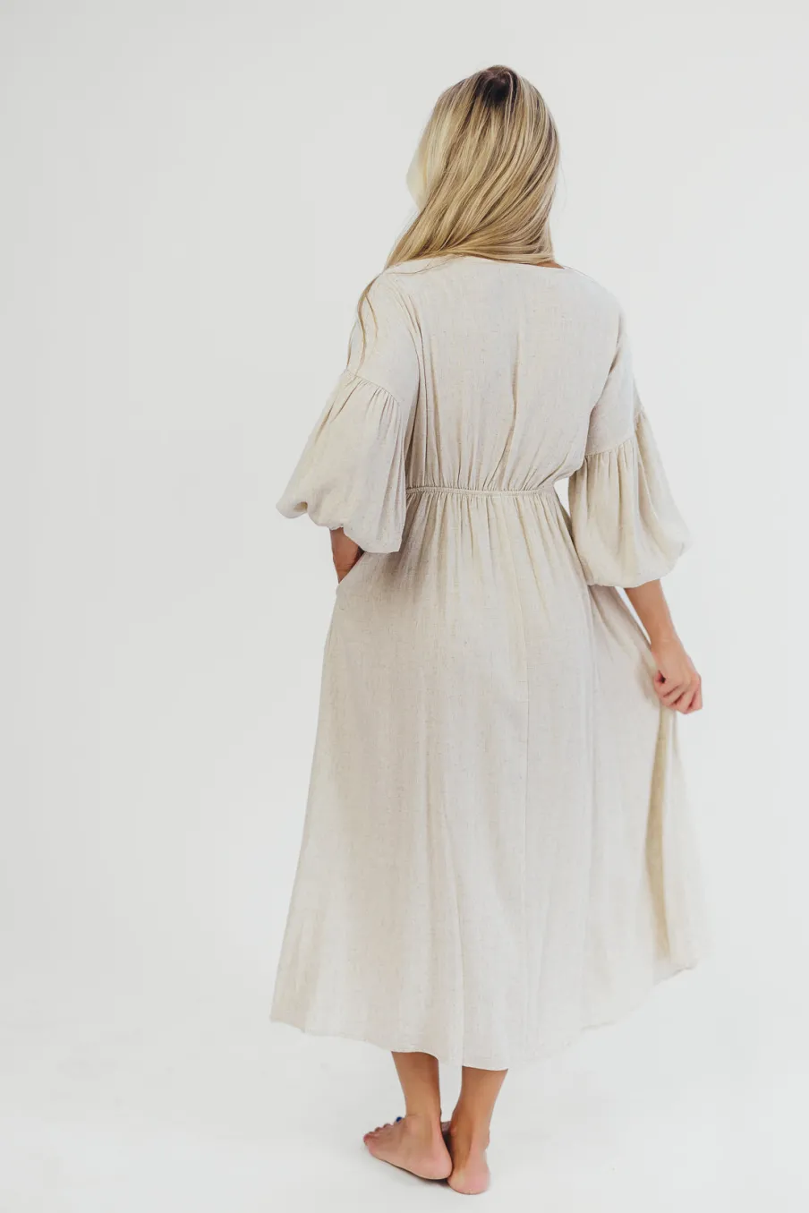 Best Worth Collective Hunter Linen-Blend Midi Dress in Greige - Bump Friendly and Inclusive