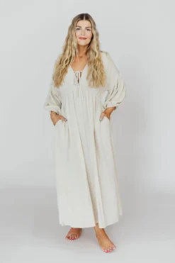 Best Worth Collective Hunter Linen-Blend Midi Dress in Greige - Bump Friendly and Inclusive
