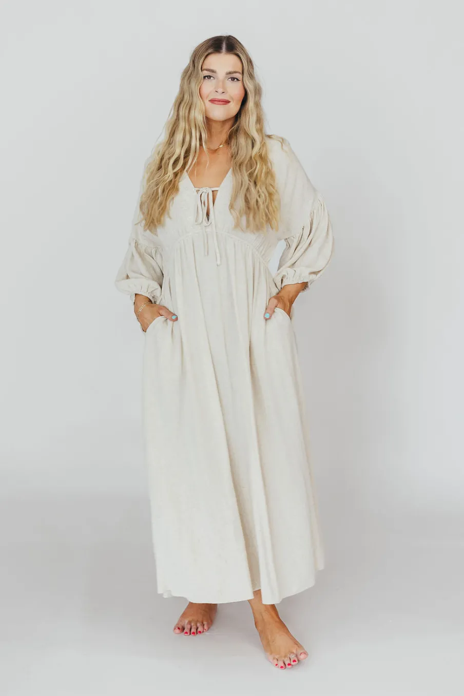 Best Worth Collective Hunter Linen-Blend Midi Dress in Greige - Bump Friendly and Inclusive