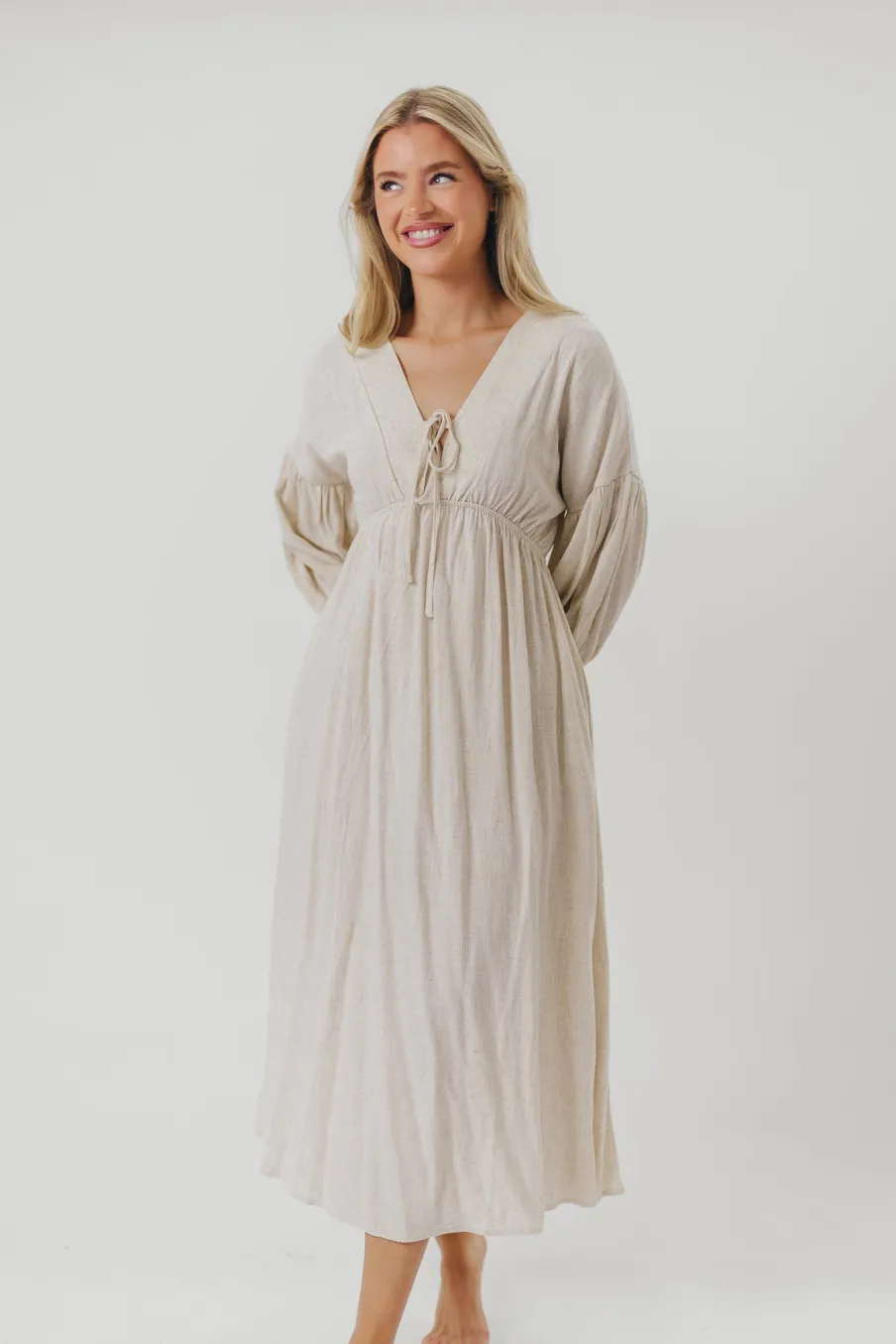 Best Worth Collective Hunter Linen-Blend Midi Dress in Greige - Bump Friendly and Inclusive