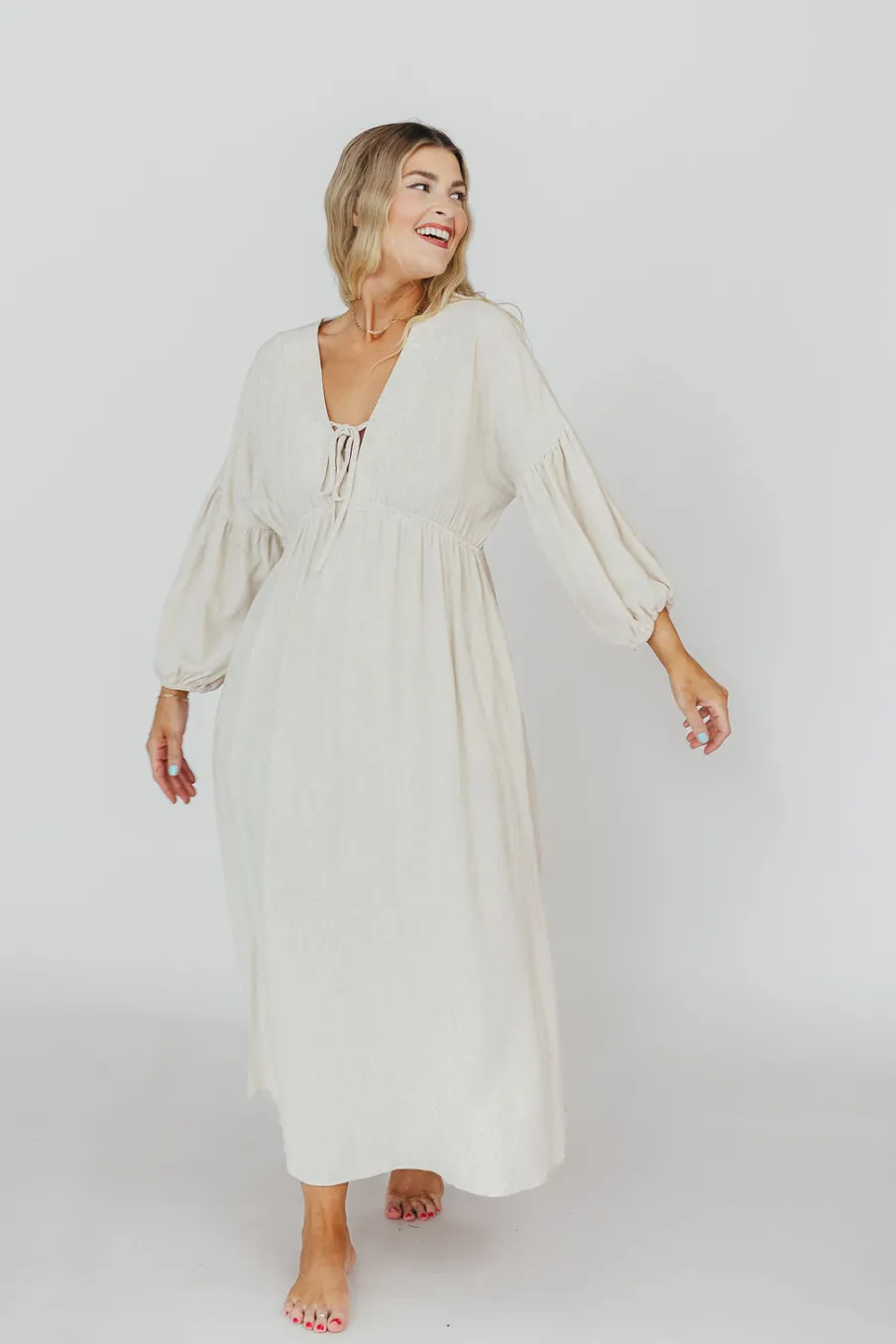 Best Worth Collective Hunter Linen-Blend Midi Dress in Greige - Bump Friendly and Inclusive