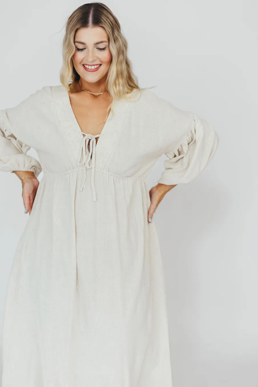 Best Worth Collective Hunter Linen-Blend Midi Dress in Greige - Bump Friendly and Inclusive