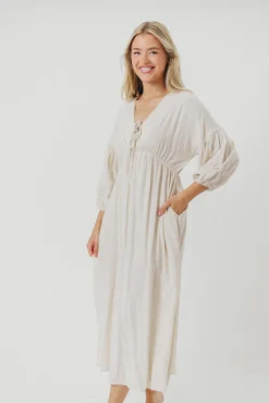 Best Worth Collective Hunter Linen-Blend Midi Dress in Greige - Bump Friendly and Inclusive