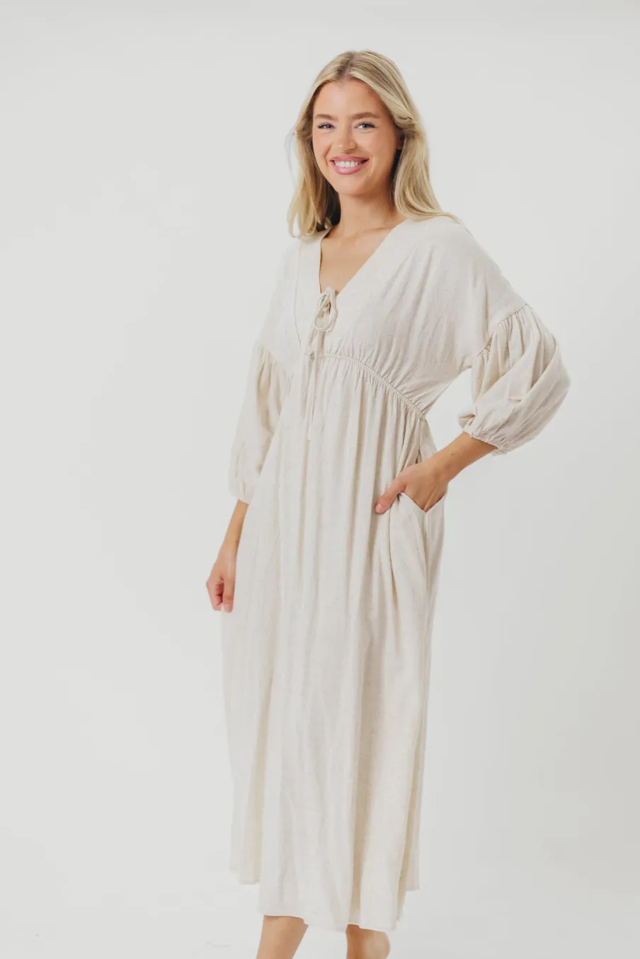 Best Worth Collective Hunter Linen-Blend Midi Dress in Greige - Bump Friendly and Inclusive