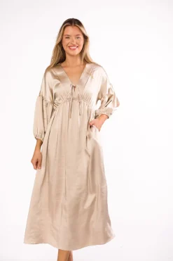Discount Worth Collective Hunter Premium *Satin* Midi Dress in Champagne - Bump Friendly