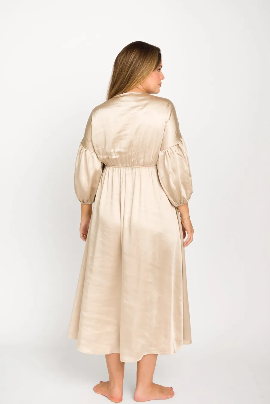Discount Worth Collective Hunter Premium *Satin* Midi Dress in Champagne - Bump Friendly