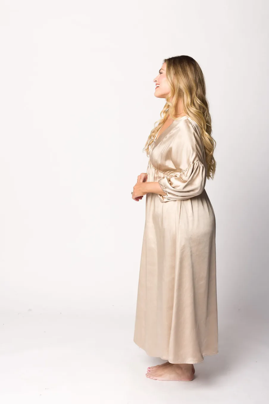 Discount Worth Collective Hunter Premium *Satin* Midi Dress in Champagne - Bump Friendly