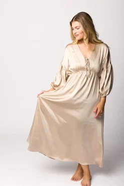 Discount Worth Collective Hunter Premium *Satin* Midi Dress in Champagne - Bump Friendly