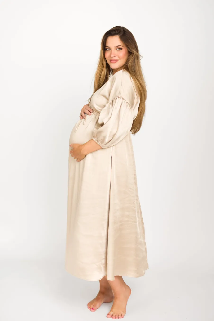 Discount Worth Collective Hunter Premium *Satin* Midi Dress in Champagne - Bump Friendly