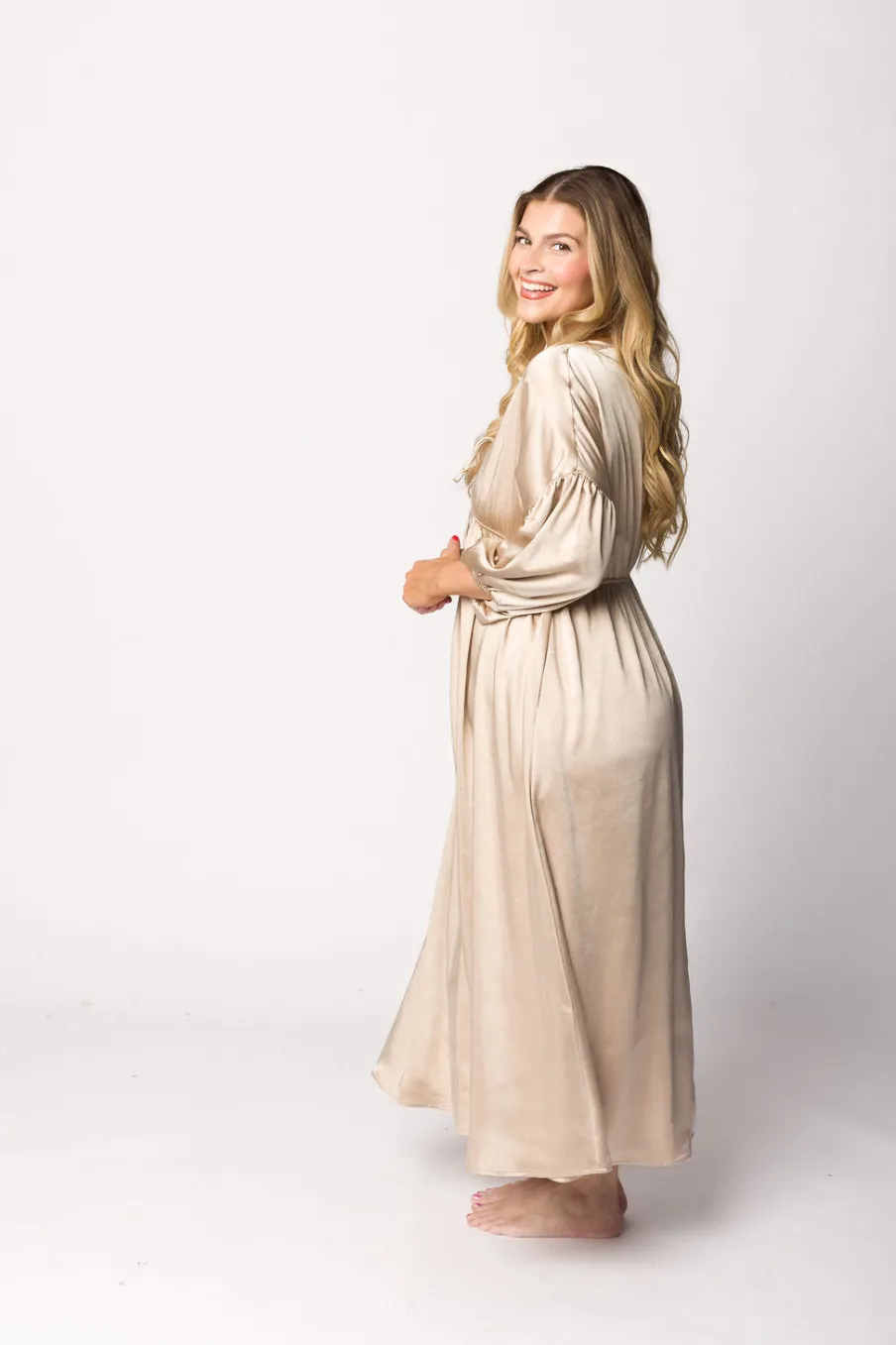 Discount Worth Collective Hunter Premium *Satin* Midi Dress in Champagne - Bump Friendly