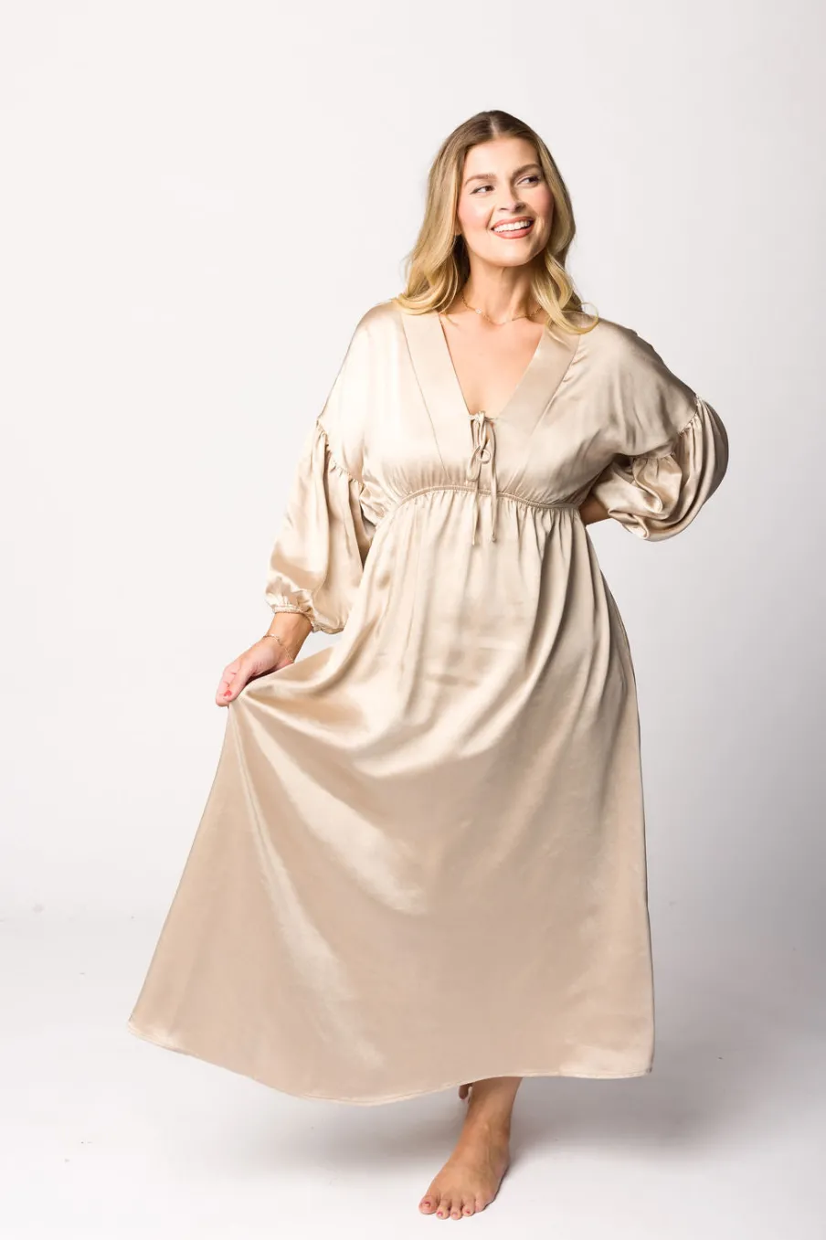 Discount Worth Collective Hunter Premium *Satin* Midi Dress in Champagne - Bump Friendly