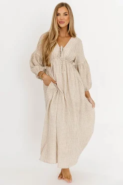 Hot Worth Collective Hunter Printed Gauze Midi Dress in Natural Plaid - Bump Friendly