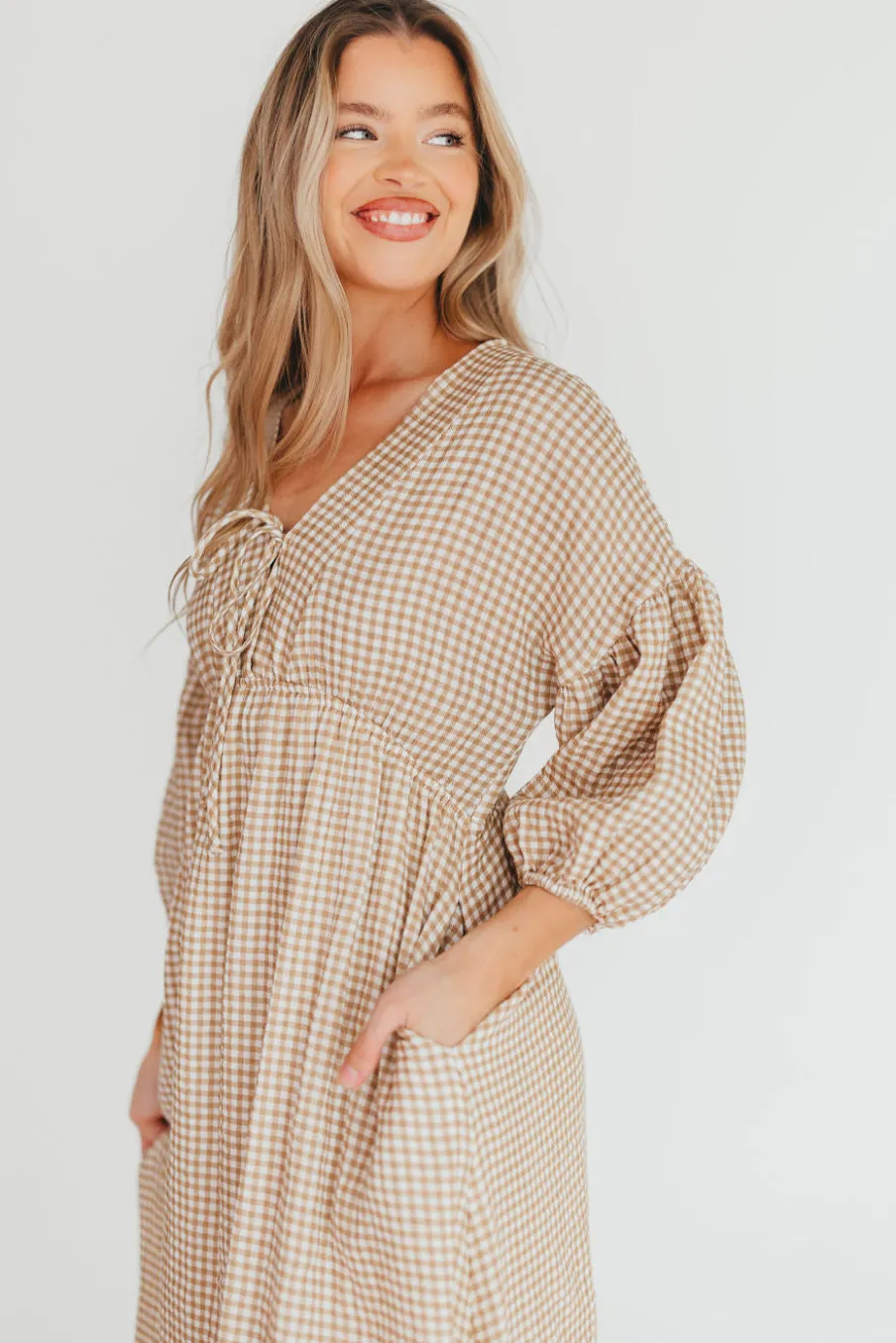 Hot Worth Collective Hunter Printed Gauze Midi Dress in Natural Plaid - Bump Friendly