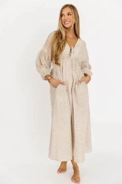 Hot Worth Collective Hunter Printed Gauze Midi Dress in Natural Plaid - Bump Friendly