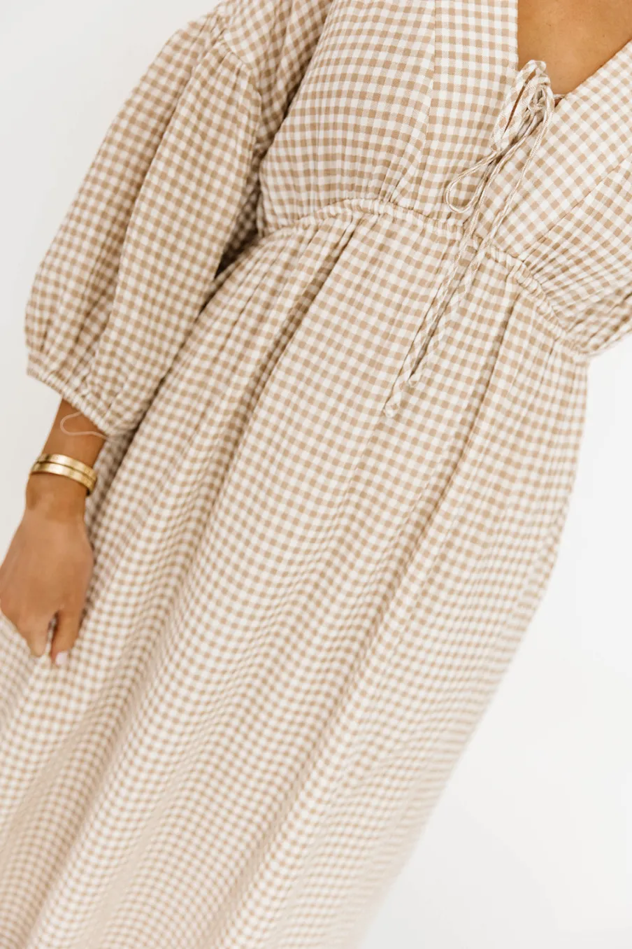 Hot Worth Collective Hunter Printed Gauze Midi Dress in Natural Plaid - Bump Friendly