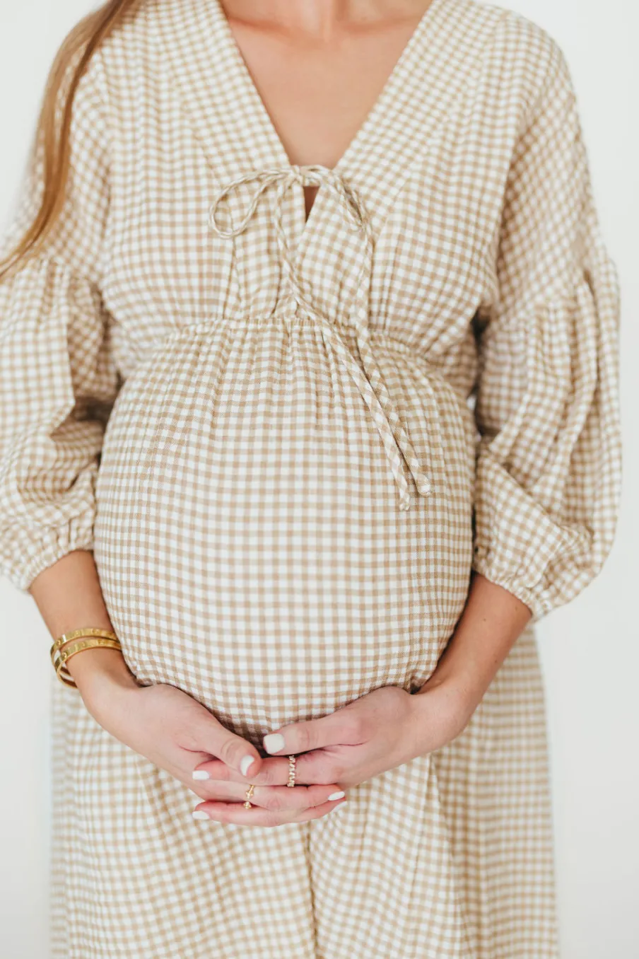 Hot Worth Collective Hunter Printed Gauze Midi Dress in Natural Plaid - Bump Friendly