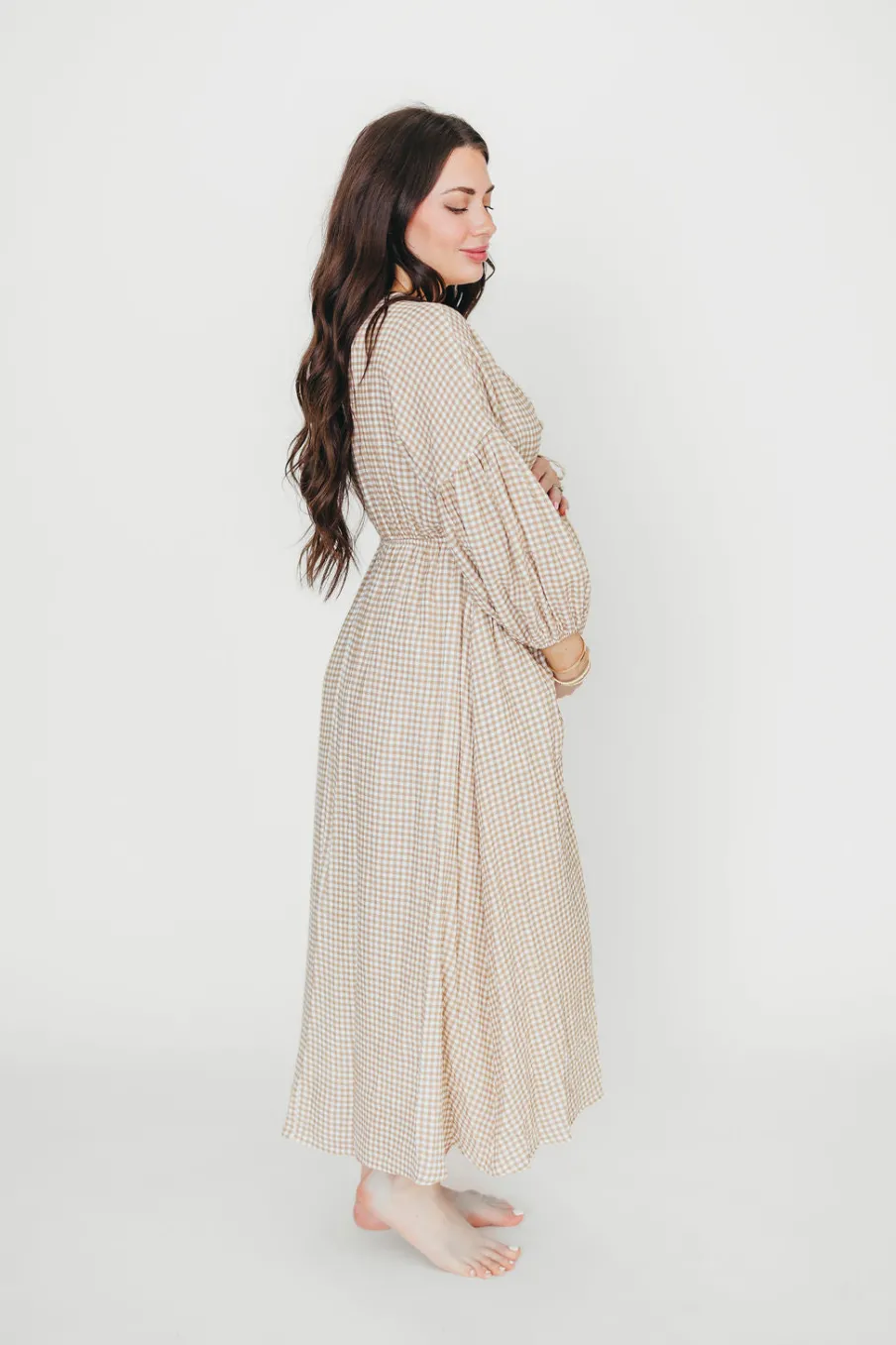 Hot Worth Collective Hunter Printed Gauze Midi Dress in Natural Plaid - Bump Friendly