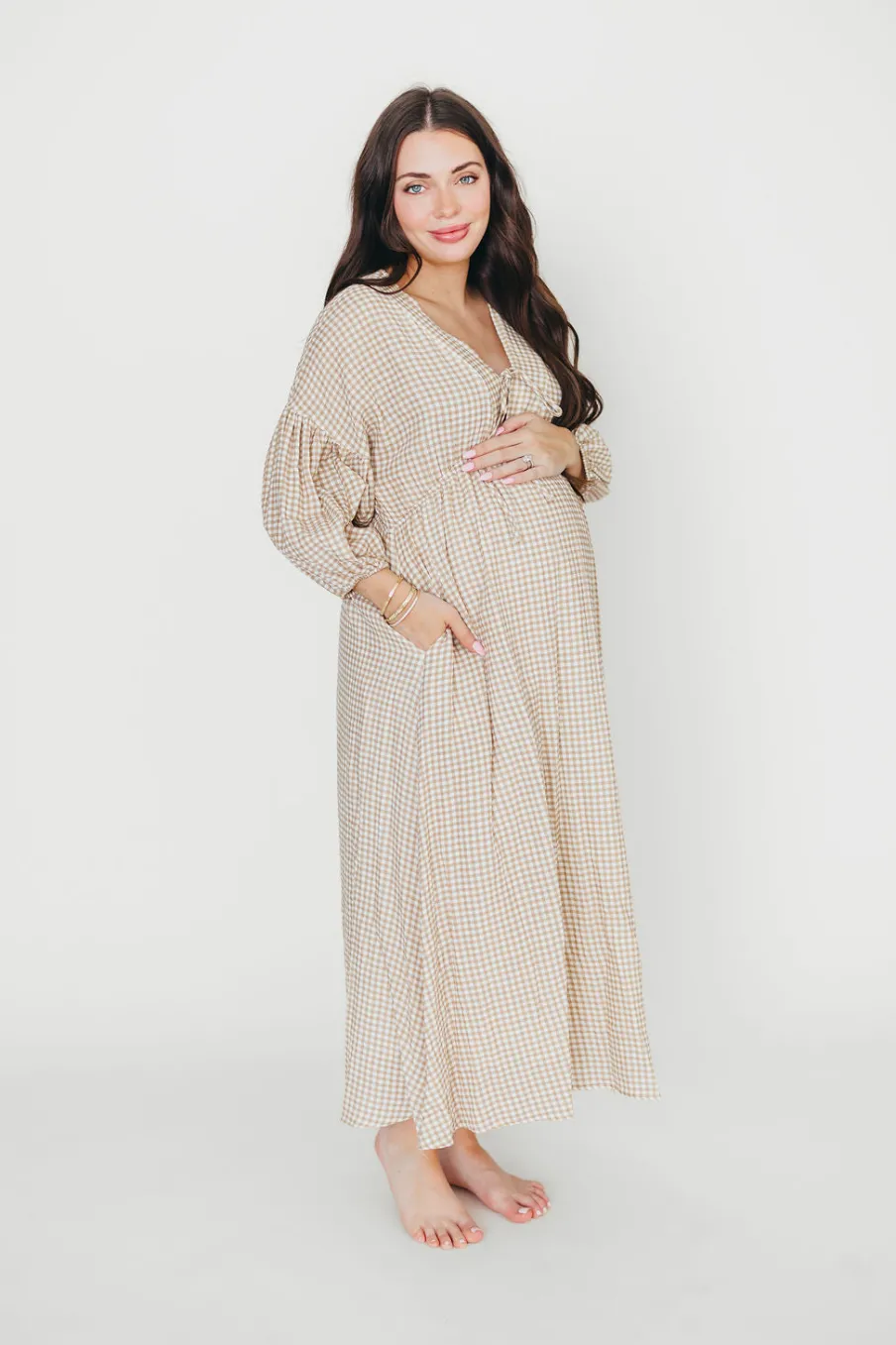 Hot Worth Collective Hunter Printed Gauze Midi Dress in Natural Plaid - Bump Friendly